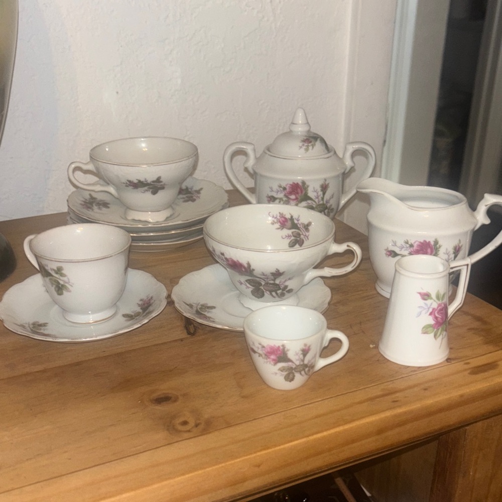 Elegant Floral Tea Set with Pink and Green Details